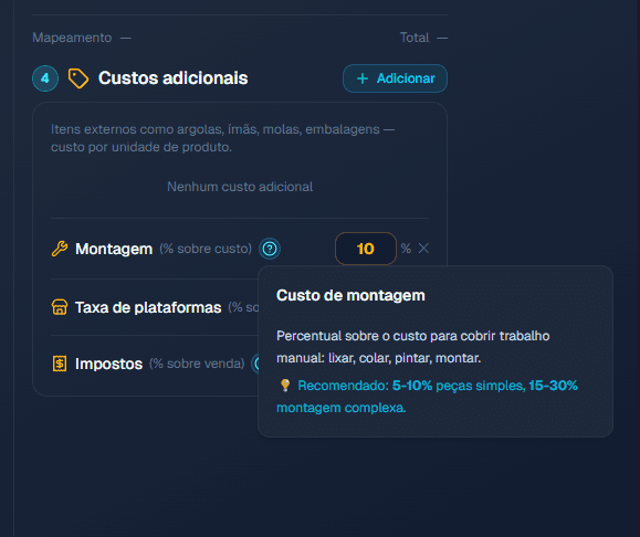 Tooltip de ajuda contextual em linha de custo